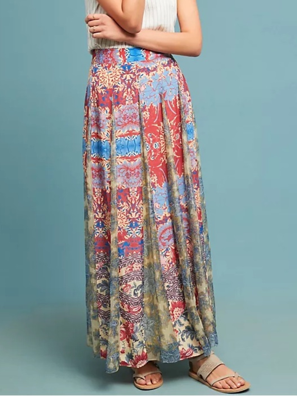 Hemant & Nandita Anthropologie red blue metallic floral pleated maxi skirt